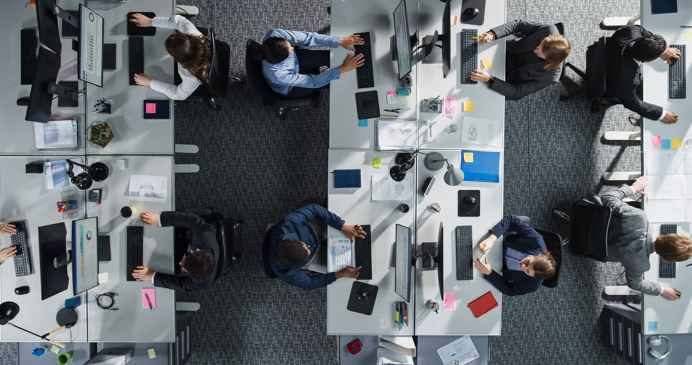 Top Down View of Diverse Colleagues Working In Corporate Office of Hedge Fund. Using Desktop Computers, Discussing Documents, Analyzing Data. Concept of Teamwork and Professional Business Environment Bevco Plywood Chair