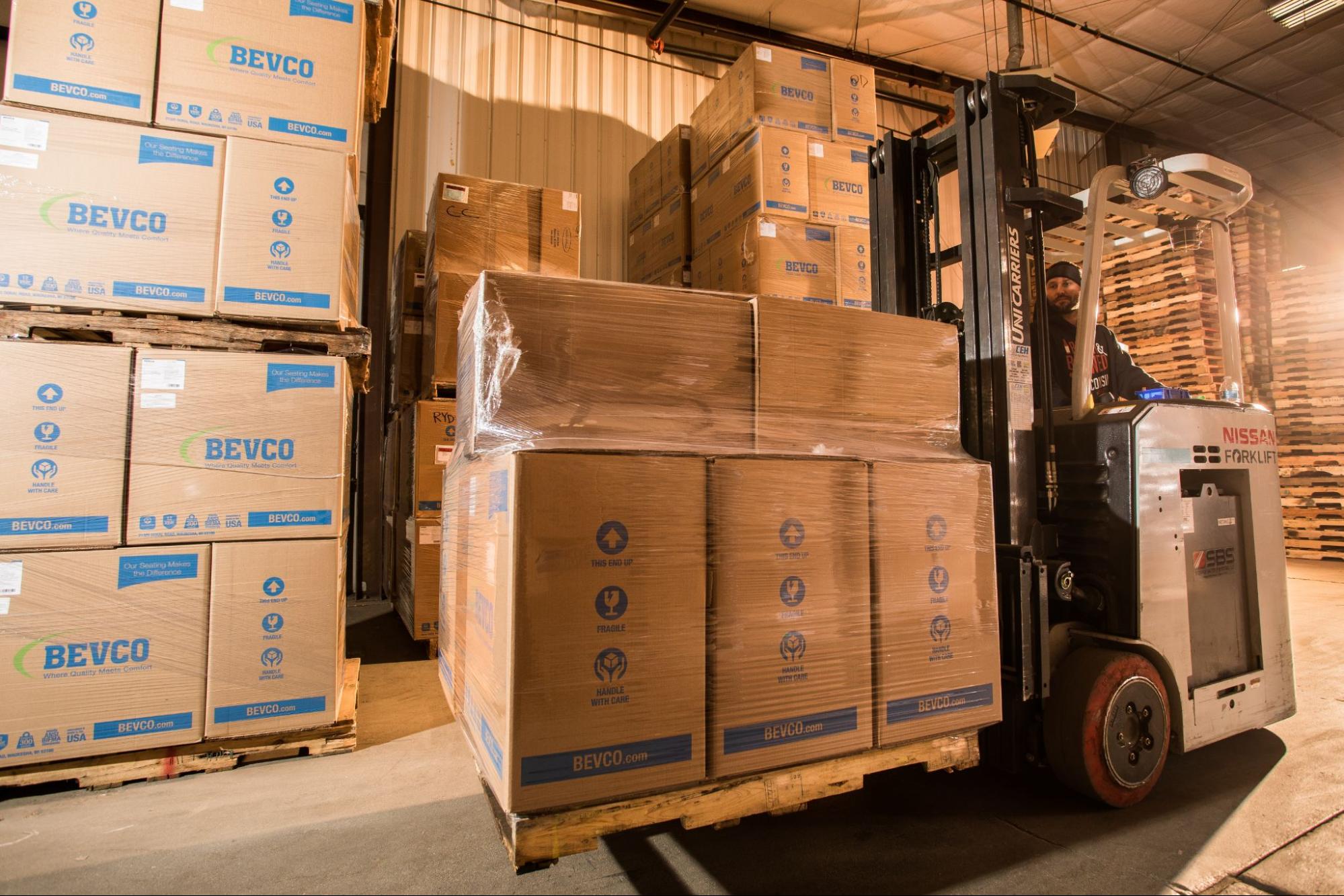 boxes in the Bevco warehouse